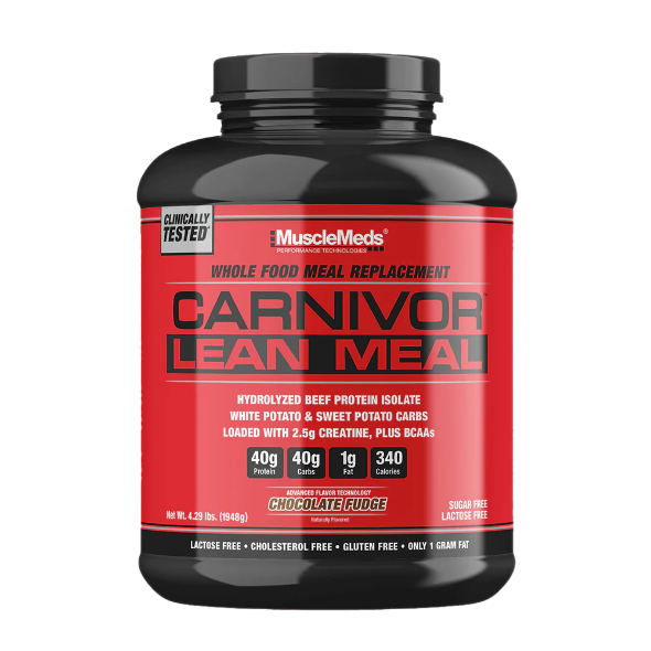 MuscleMeds CARNIVOR LEAN MEAL whole food meal replacement shake, MRE, beef protein isolate, white potato, sweet potato, 40g protein, 40 g carbs, lactose free, sugar free, Chocolate Fudge 20 servings