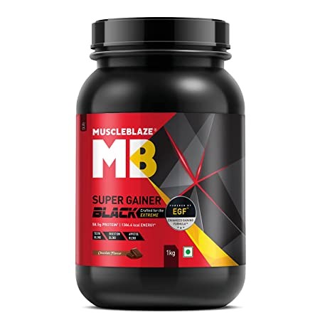 MuscleBlaze Super Gainer Black with Enhanced Gaining Formula Appetite, Digestion & Testo Blend for Muscle Mass Gain (Chocolate, 1 kg / 2.2 lb)